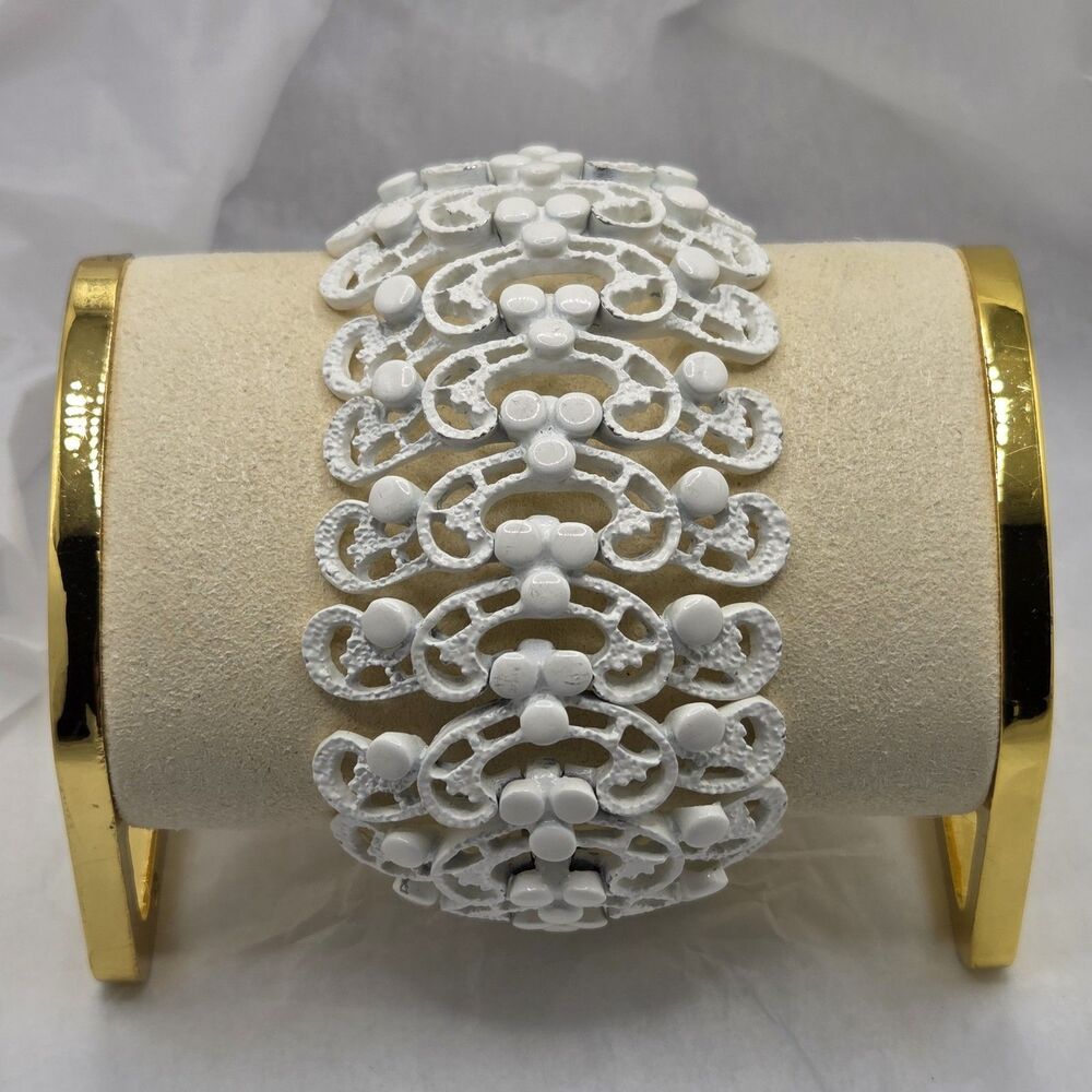 Vintage Monet Lacy White Statement Bracelet 2 in. Width 8 in. Length Signed